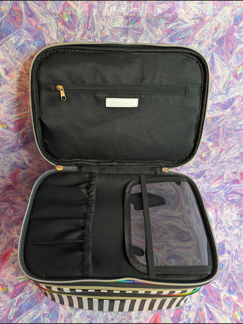 Underonesky Striped 3 Zipper Cosmetic Make Up Case with Rainbow Trim, Used Once